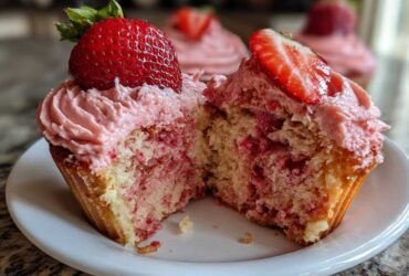 Close-up of a strawberry cupcake cut in half showing the moist interior and pink frosting, topped with a fresh strawberry.