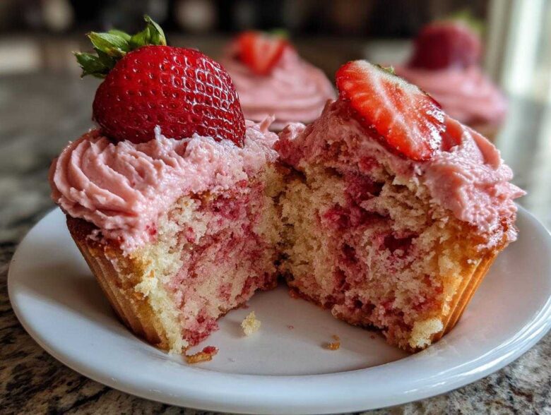 Close-up of a strawberry cupcake cut in half showing the moist interior and pink frosting, topped with a fresh strawberry.