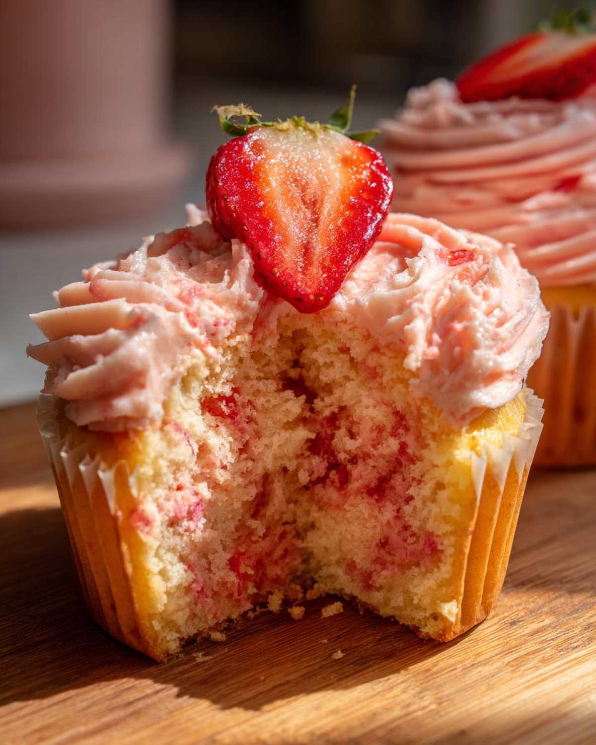 Close-up of a strawberry cupcake with a bite taken out, showing the moist interior and strawberry frosting, topped with a strawberry slice.