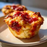 A close-up, appetizing photo of a freshly baked pizza muffin with melted, browned cheese and tomato sauce topping.