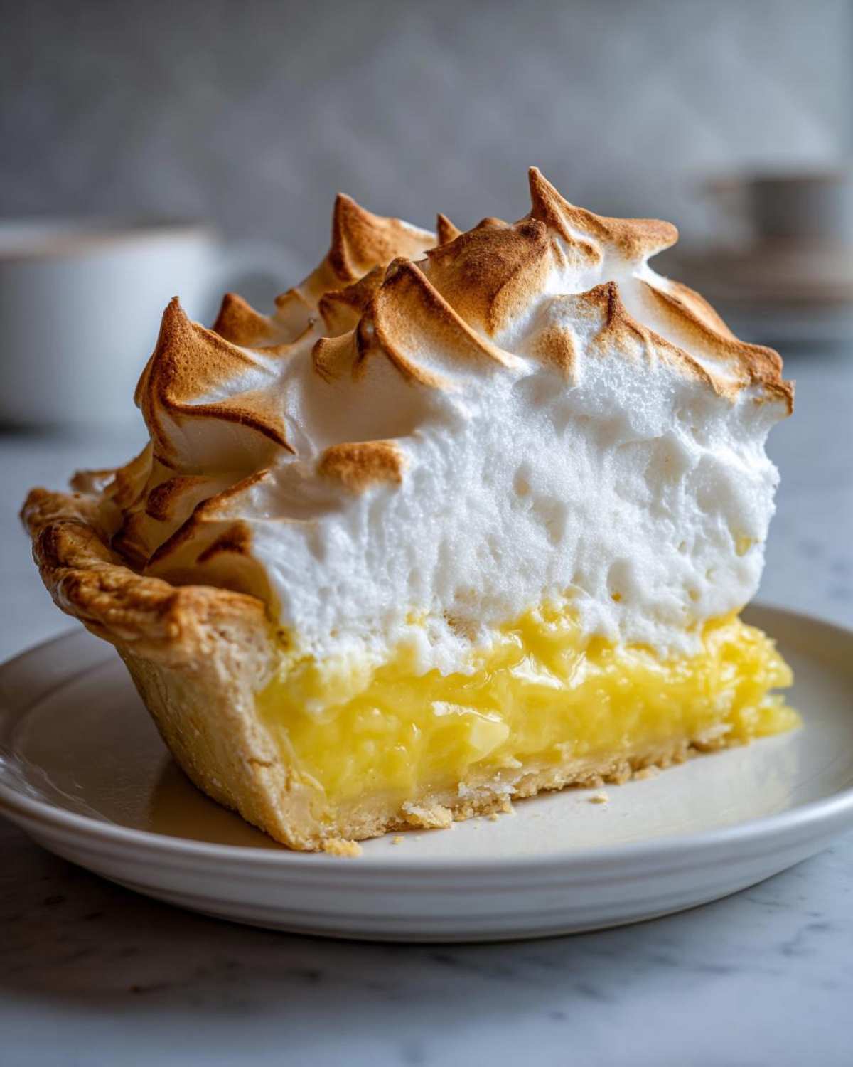 A tall slice of lemon meringue pie showing thick, bright yellow filling and perfectly peaked, torched meringue.