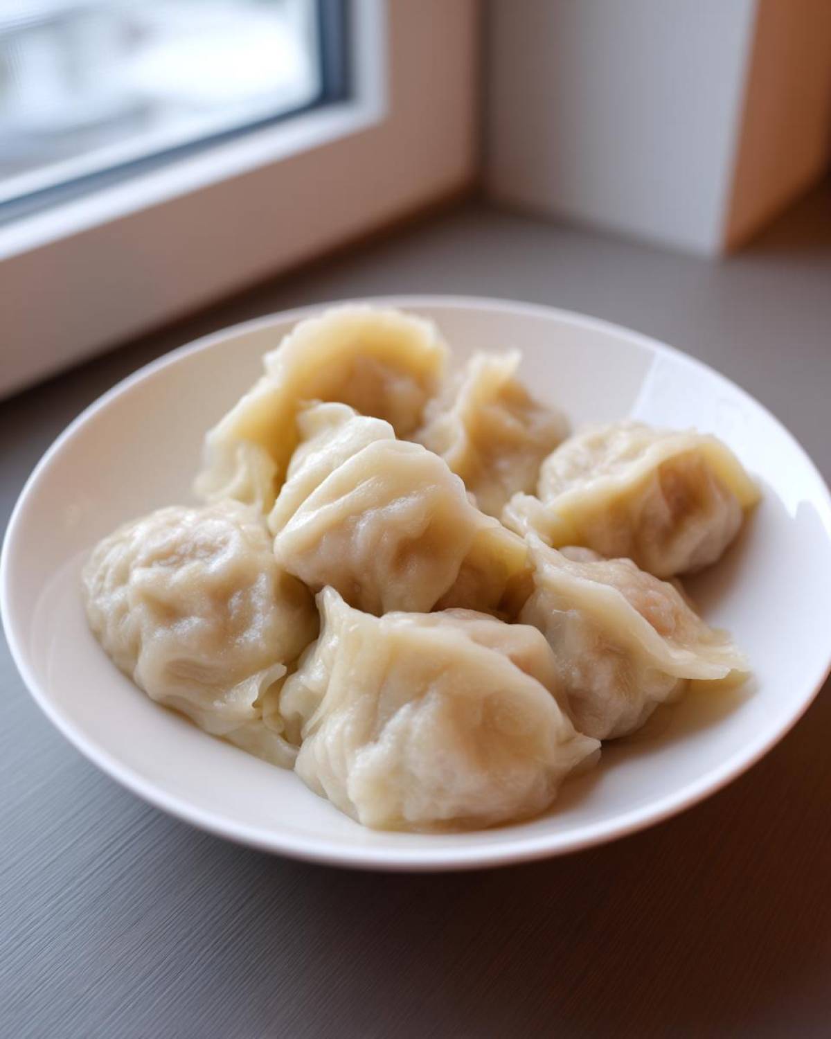 A close-up of several freshly steamed Traditional Chinese Dumplings arranged on a white plate near a window.