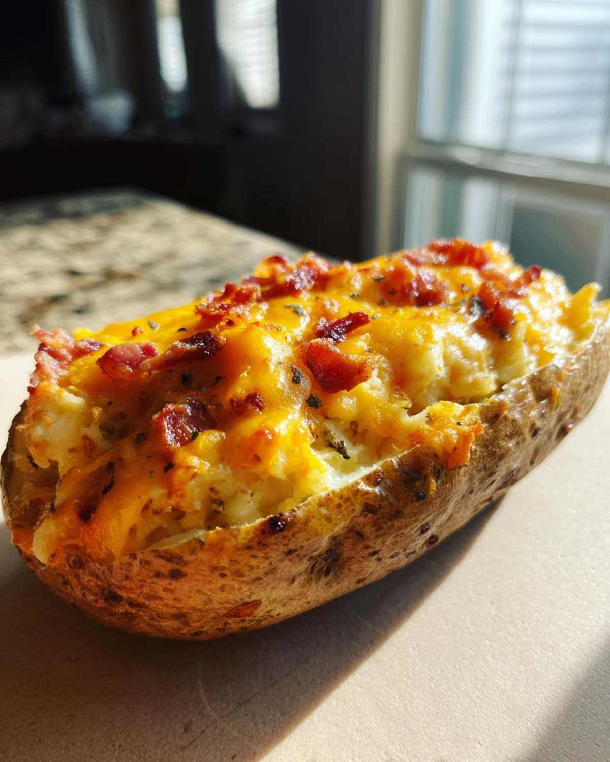 A close-up of a perfectly cooked twice baked potato stuffed with creamy filling, melted cheddar cheese, and bacon bits.