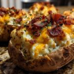Close-up of a loaded twice baked potatoes, stuffed with mashed potato filling, melted cheddar cheese, and topped with crispy bacon bits.