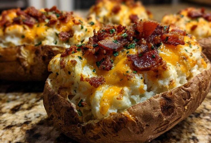 Close-up of a loaded twice baked potatoes, stuffed with mashed potato filling, melted cheddar cheese, and topped with crispy bacon bits.