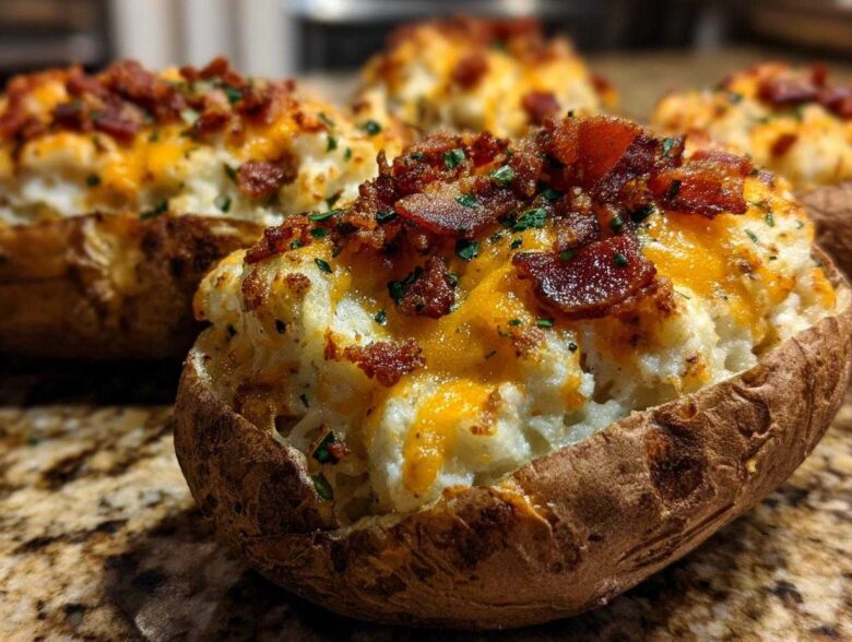 Close-up of a loaded twice baked potatoes, stuffed with mashed potato filling, melted cheddar cheese, and topped with crispy bacon bits.