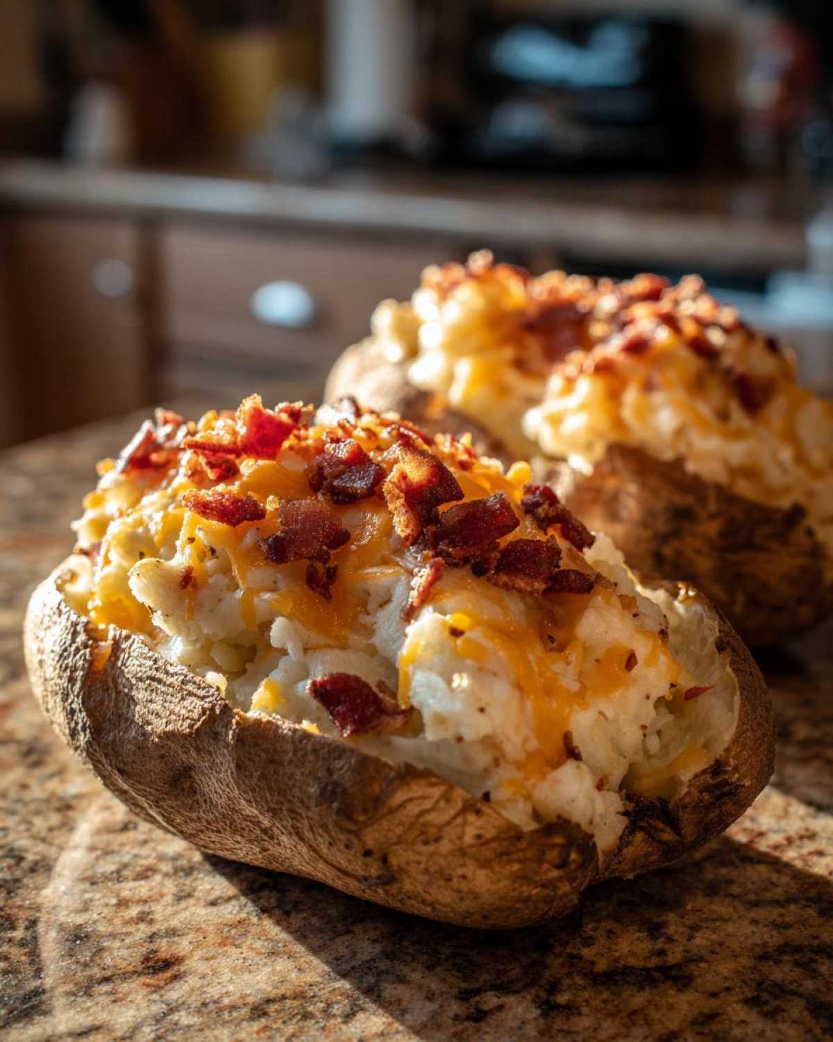 Close-up of amazing twice baked potatoes stuffed with creamy filling, melted cheddar cheese, and crispy bacon bits.