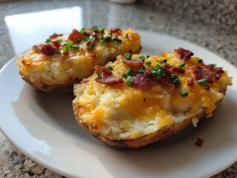 Two halves of twice-baked potatoes stuffed with creamy filling, melted cheddar cheese, bacon bits, and chives.