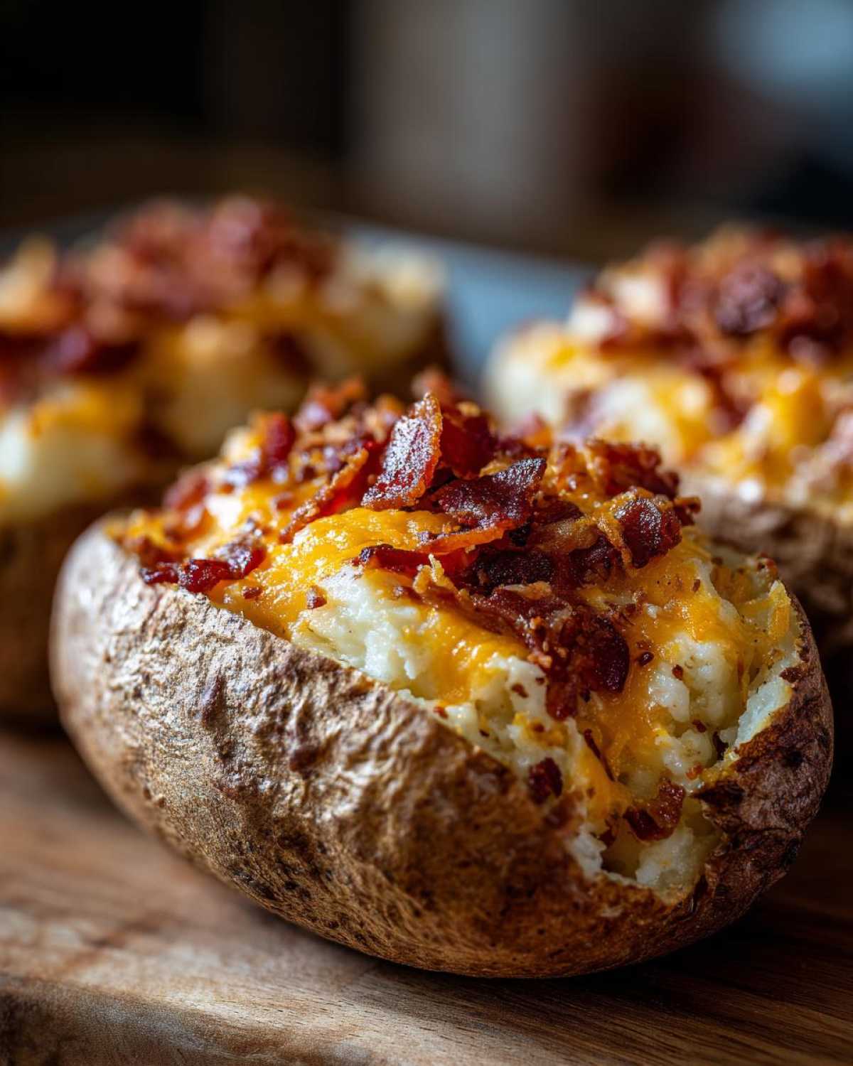 A close-up of a perfectly baked twice baked potatoes stuffed with creamy filling, melted cheddar cheese, and crispy bacon bits.