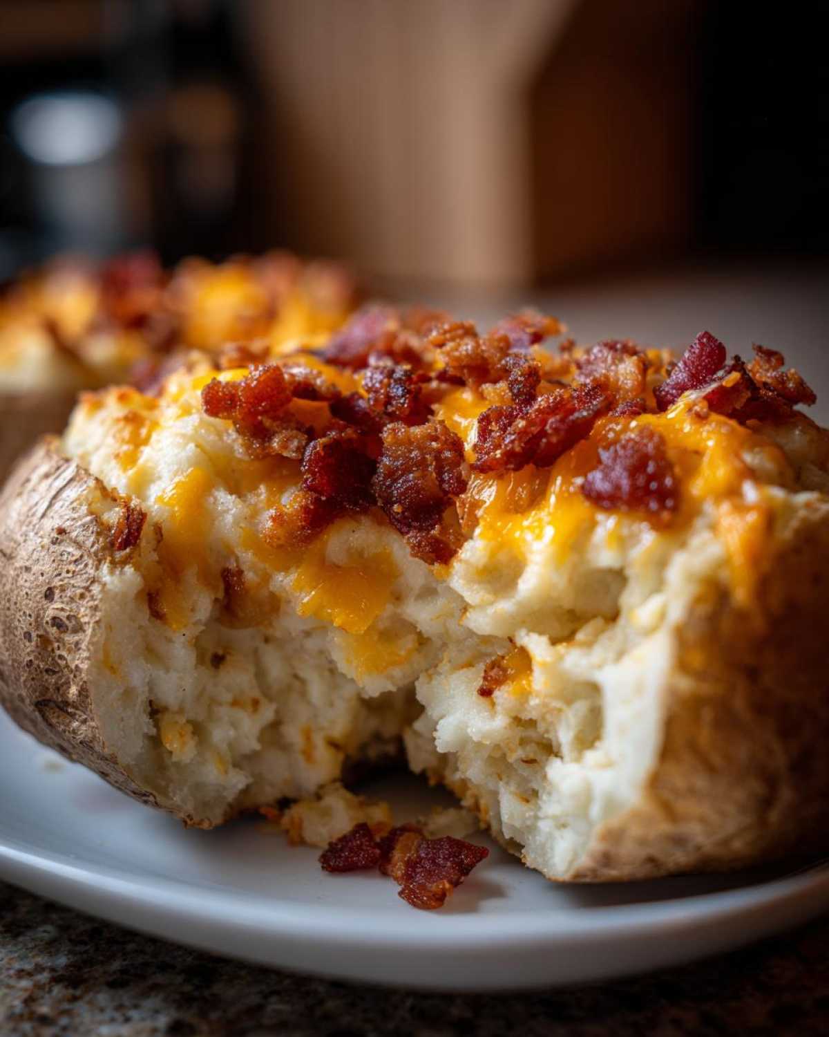 A close-up of a delicious twice baked potatoes, stuffed with creamy filling, melted cheddar cheese, and topped with crispy bacon bits.