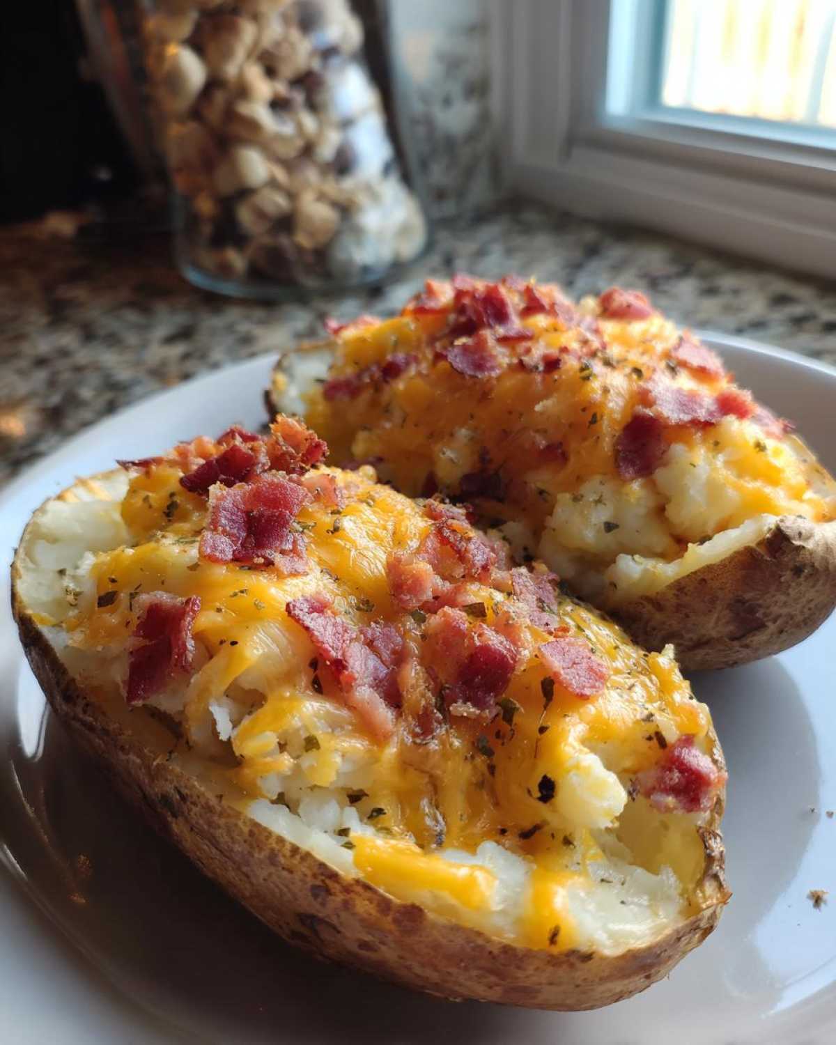Two delicious twice baked potatoes loaded with melted cheddar cheese, bacon bits, and herbs on a white plate.