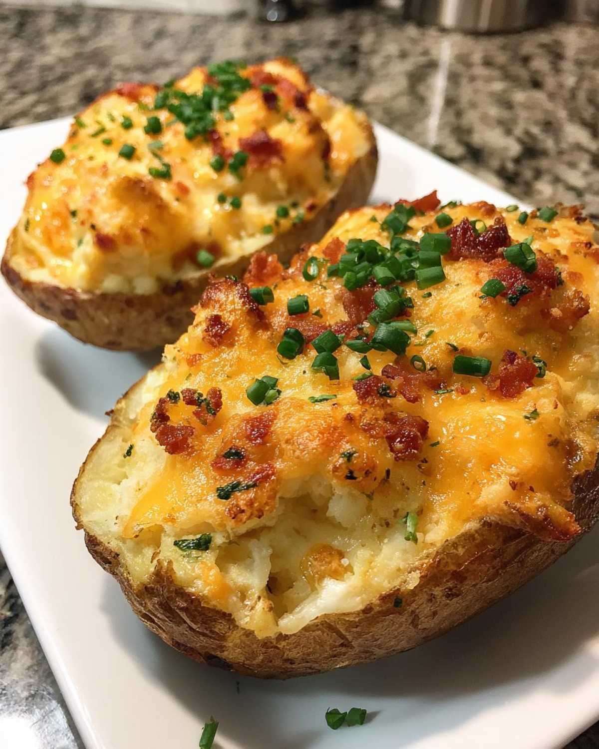 Close-up of two delicious twice-baked potatoes stuffed with creamy filling, melted cheddar cheese, bacon bits, and chives.