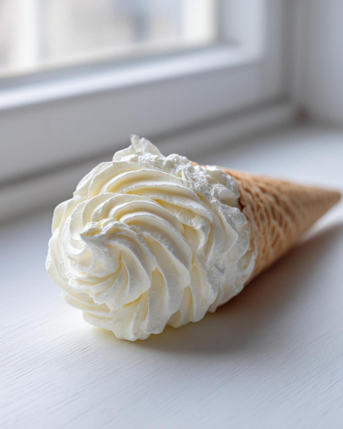 A waffle cone filled with perfectly piped, creamy vanilla buttercream frosting sitting on a white surface.
