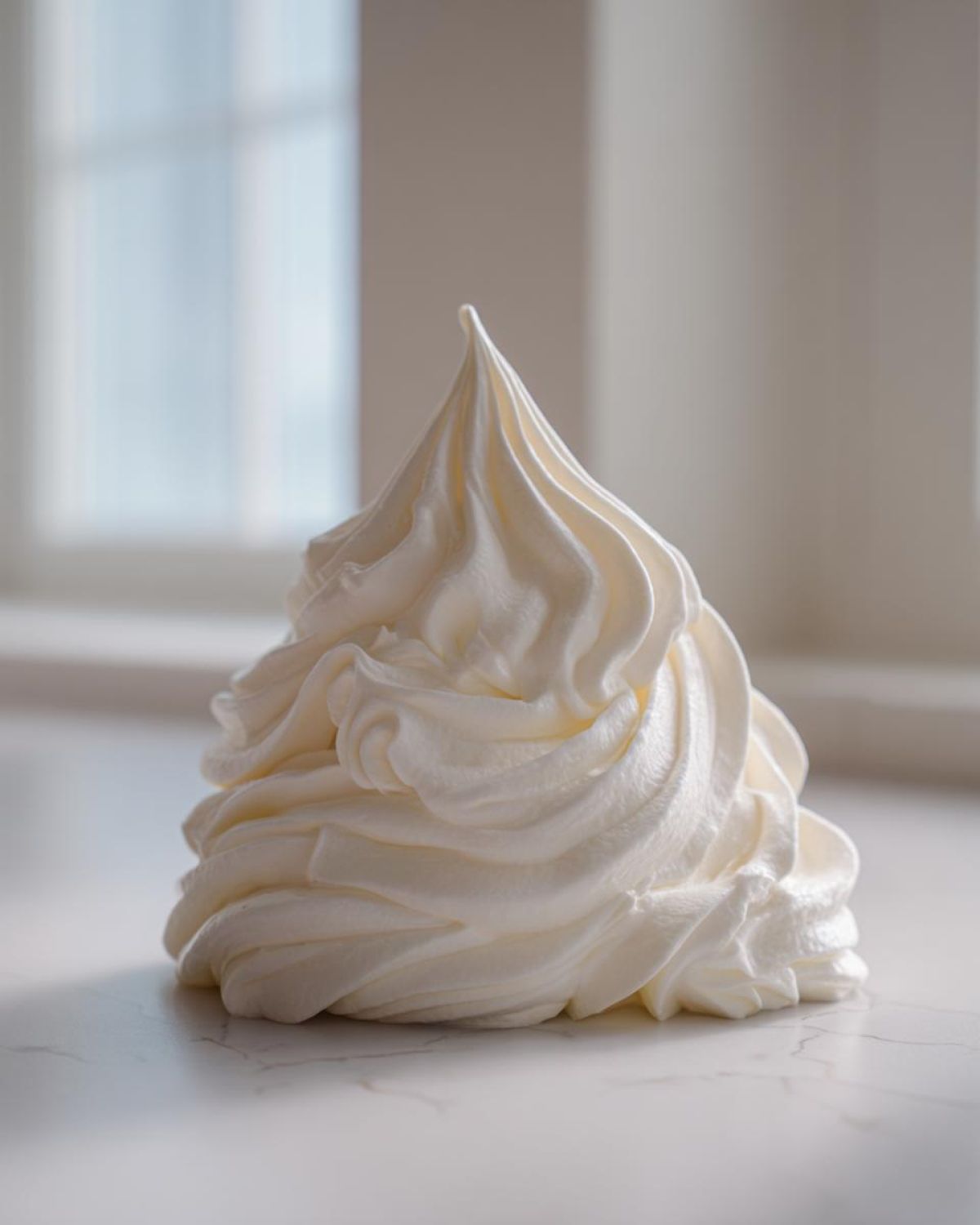A beautiful, tall swirl of creamy white vanilla buttercream frosting sitting on a white marble surface.