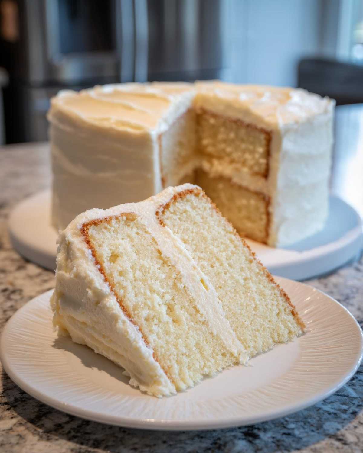 A perfect slice of moist vanilla cake recipe with thick white frosting on a plate.