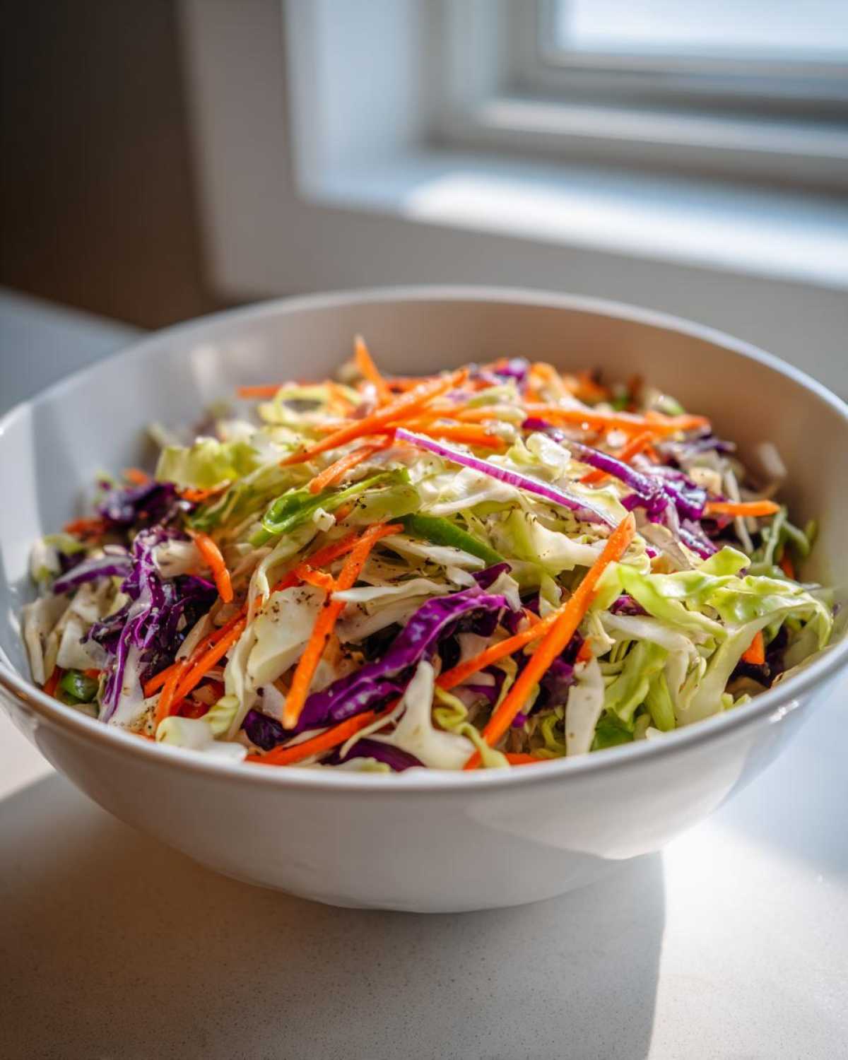 Close-up of a white bowl filled with fresh cabbage salad, featuring shredded green cabbage, purple cabbage, and bright orange carrots.
