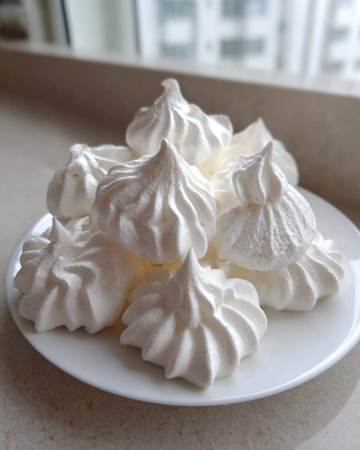 A close-up of several perfectly piped white meringue cookies piled high on a small white plate.