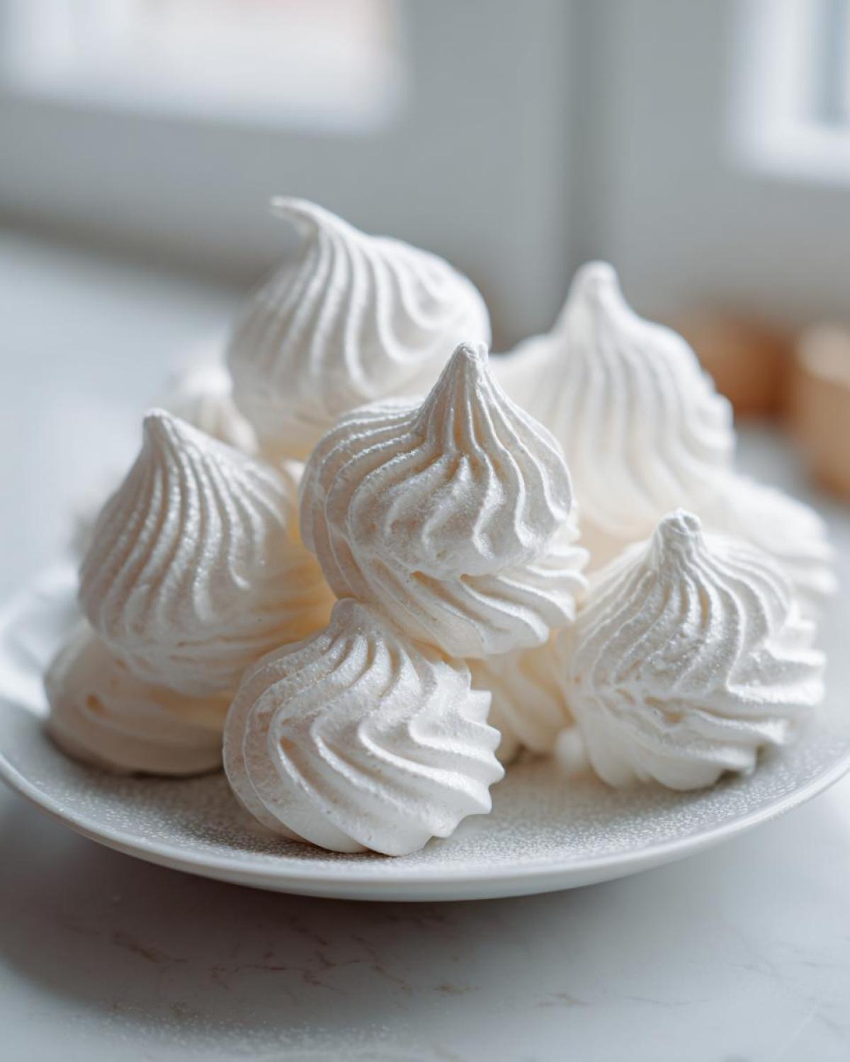 A close-up of several perfectly piped, white meringue cookies stacked on a light plate.
