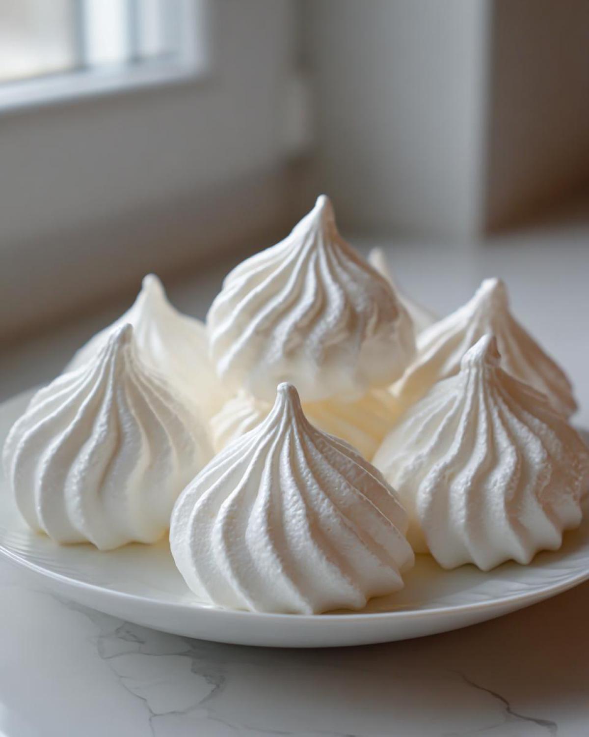 A close-up of several perfectly piped, bright white meringue cookies stacked on a white plate.