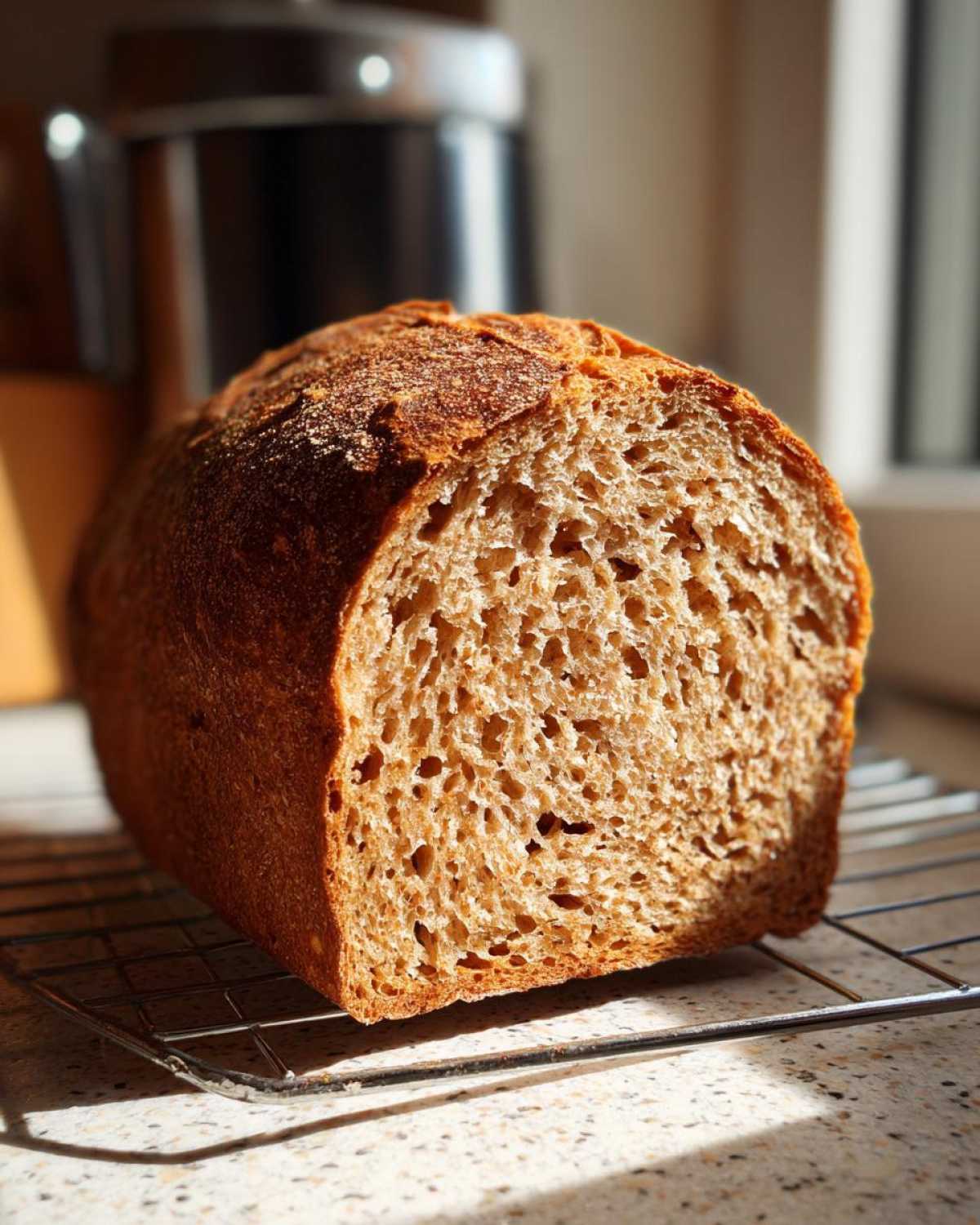 A close-up of a freshly baked whole wheat bread loaf, showing the airy crumb structure, resting on a cooling rack.
