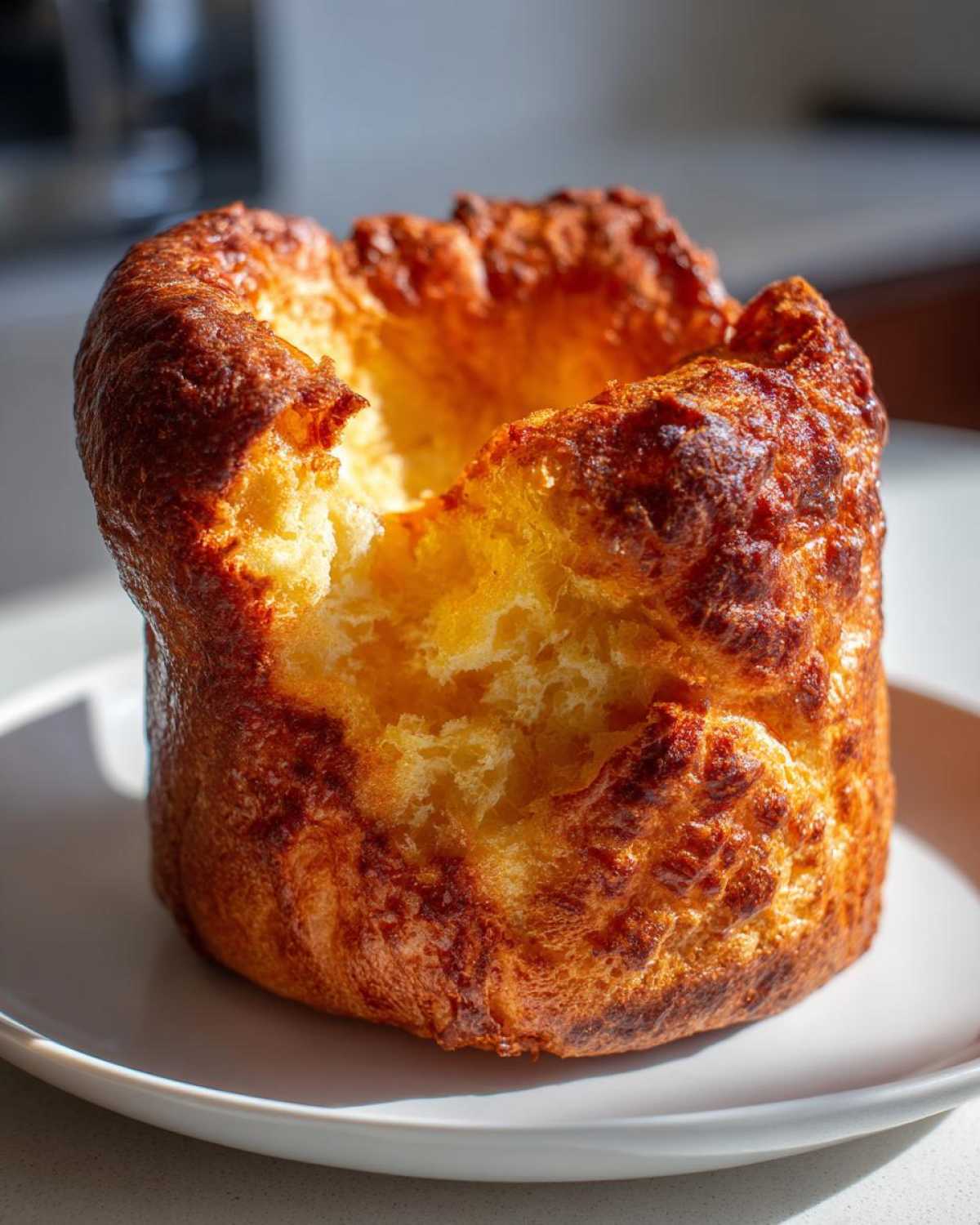 A single, tall, golden-brown Yorkshire pudding with a deep, airy center, sitting on a white plate.