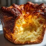 Close-up of a golden brown, airy Yorkshire pudding showing its fluffy, cooked interior.