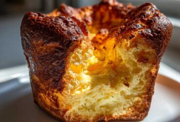 Close-up of a golden brown, airy Yorkshire pudding showing its fluffy, cooked interior.