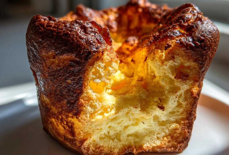 Close-up of a golden brown, airy Yorkshire pudding showing its fluffy, cooked interior.