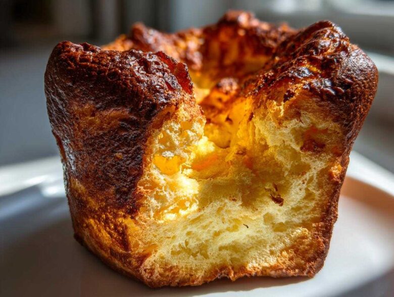 Close-up of a golden brown, airy Yorkshire pudding showing its fluffy, cooked interior.