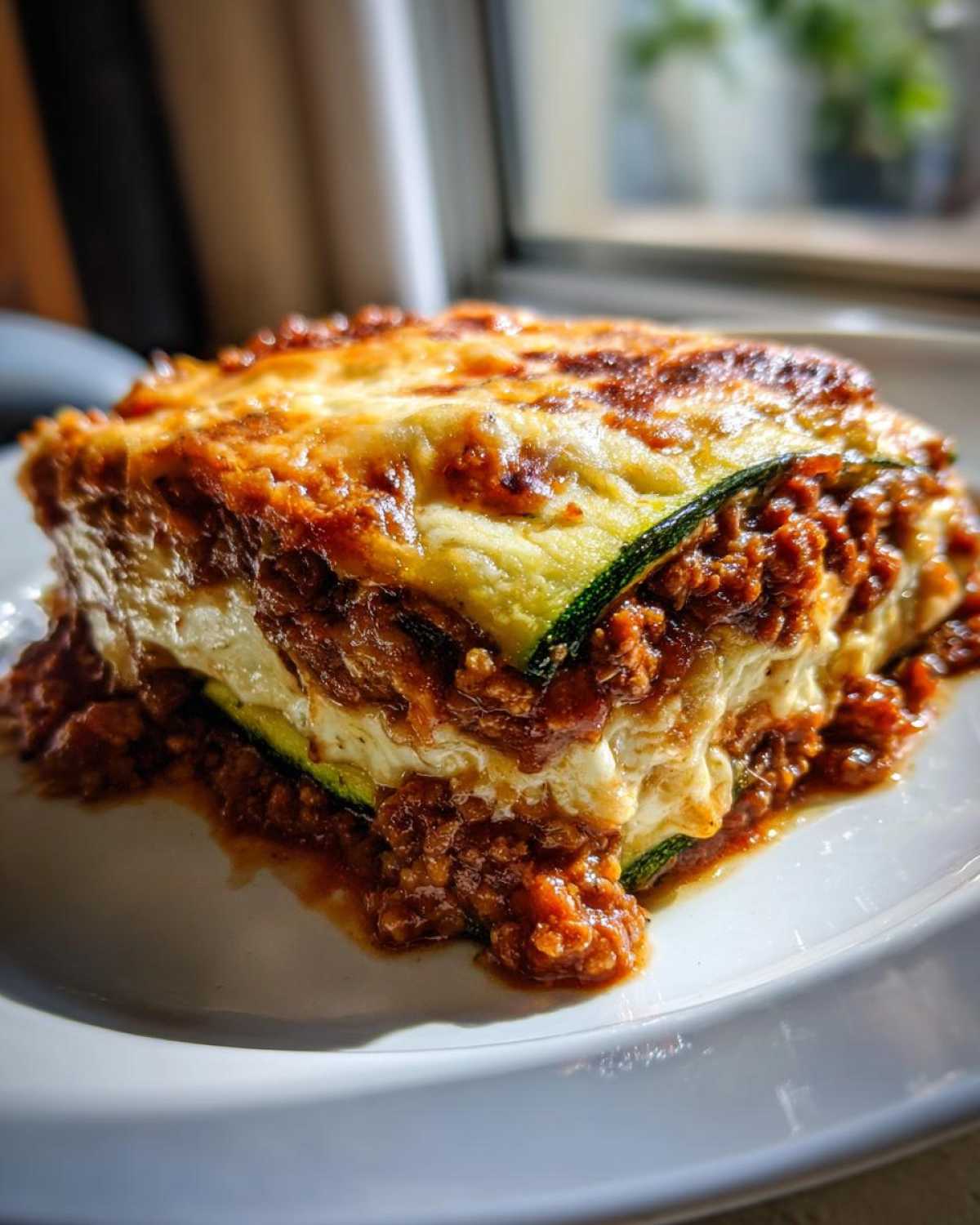 A close-up, appetizing slice of zucchini lasagna featuring layers of meat sauce, ricotta, and zucchini noodles.