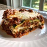 A close-up of a hearty slice of zucchini lasagna layered with meat sauce and cheese.