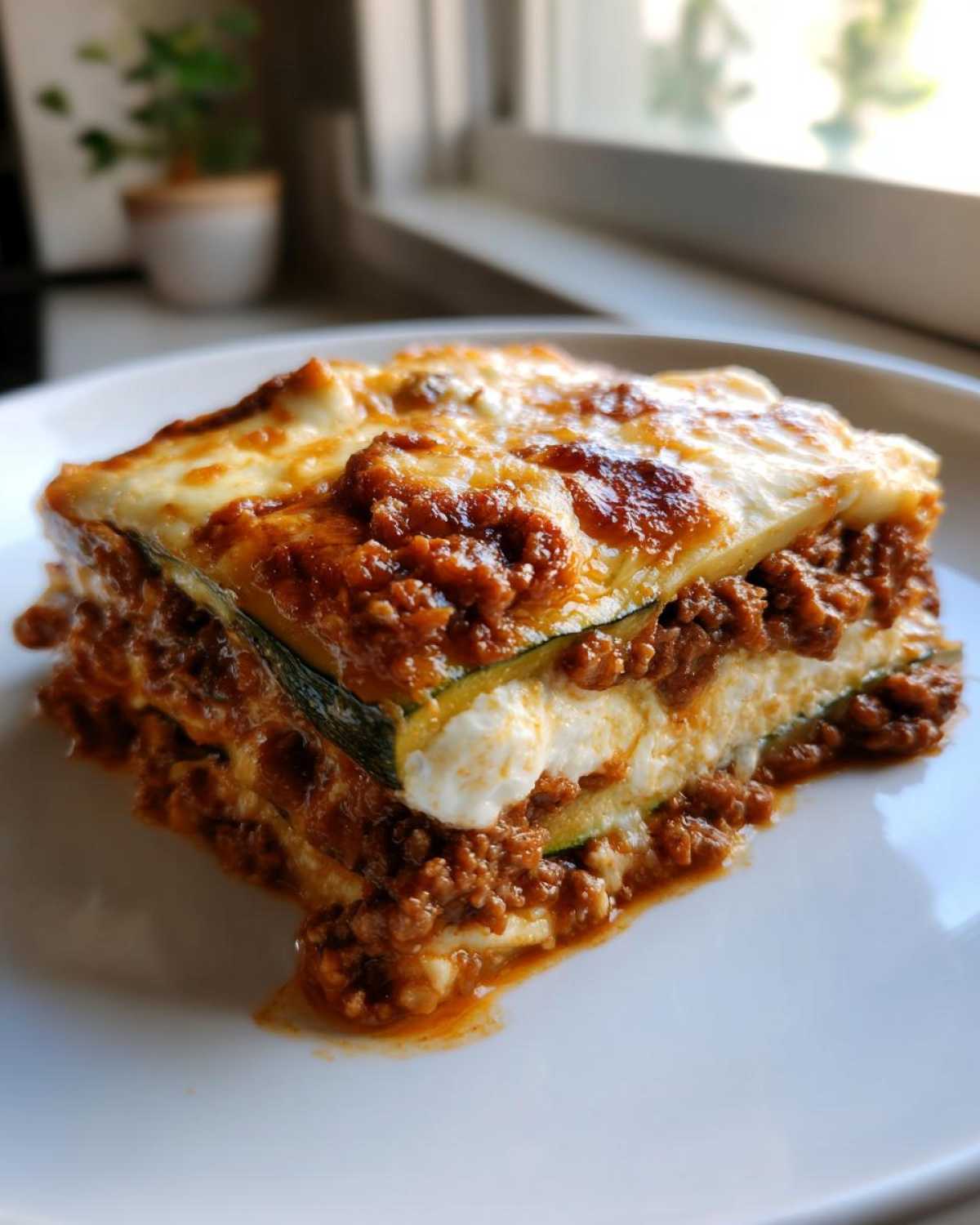 A perfectly layered slice of zucchini lasagna featuring rich meat sauce and melted cheese topping.