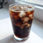 Close-up of a tall, sweating glass containing a dark Iced Mocha with ice cubes and swirling cream.