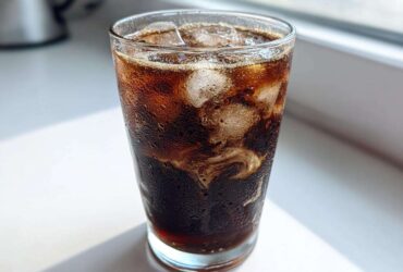 Close-up of a tall, sweating glass containing a dark Iced Mocha with ice cubes and swirling cream.