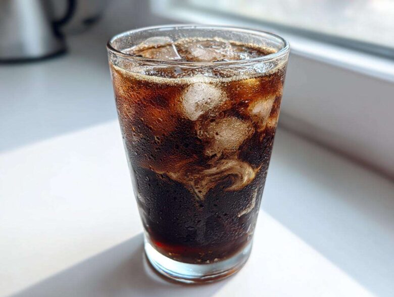 Close-up of a tall, sweating glass containing a dark Iced Mocha with ice cubes and swirling cream.