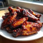 A pile of sticky, glazed Air Fryer BBQ Chicken Wings glistening under bright light on a white plate.