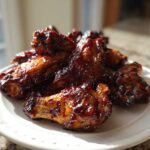A pile of perfectly cooked, sticky Air Fryer BBQ Chicken Wings glistening with sauce on a white plate.