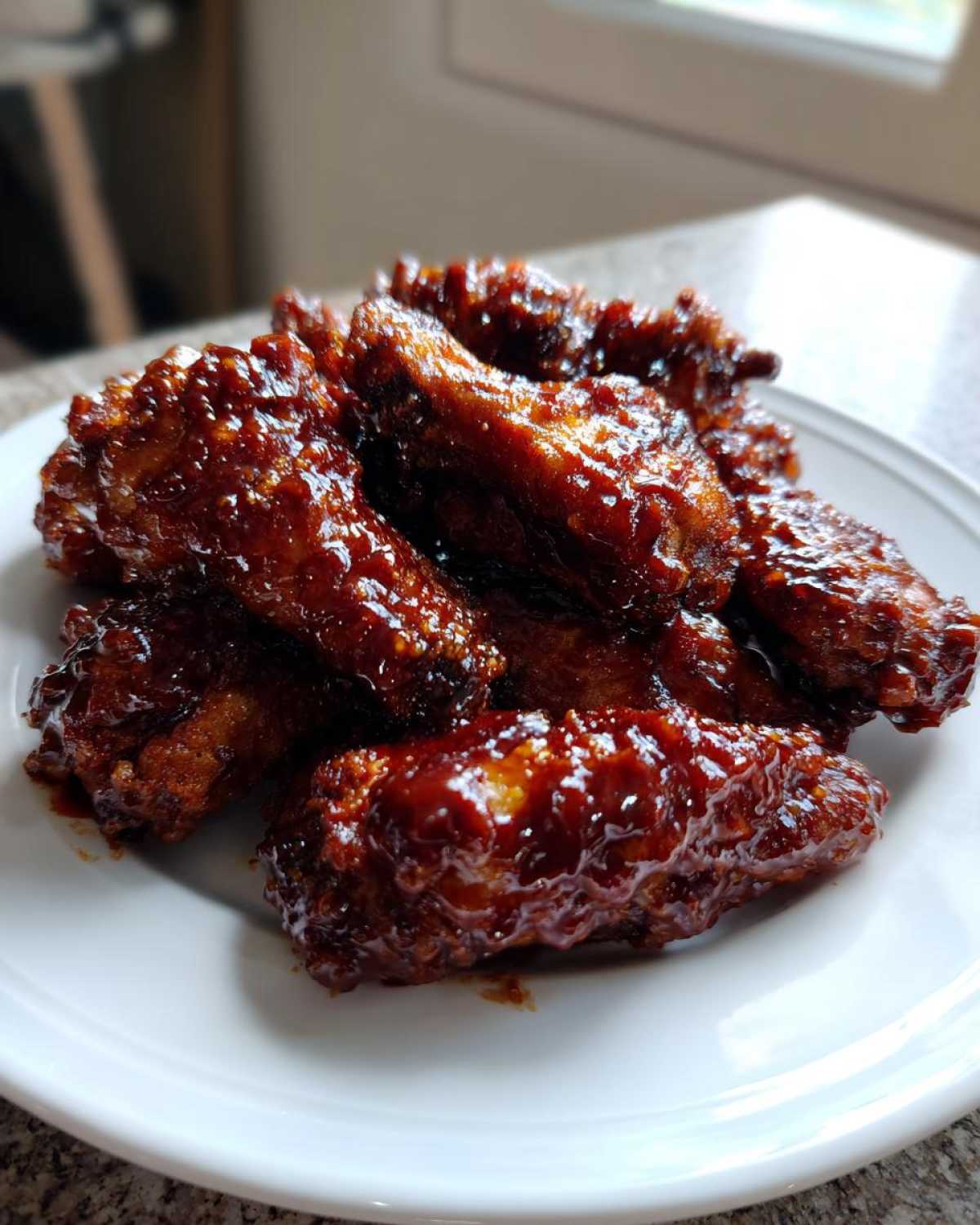 A close-up of several sticky, glazed Air Fryer BBQ Chicken Wings piled high on a white plate.