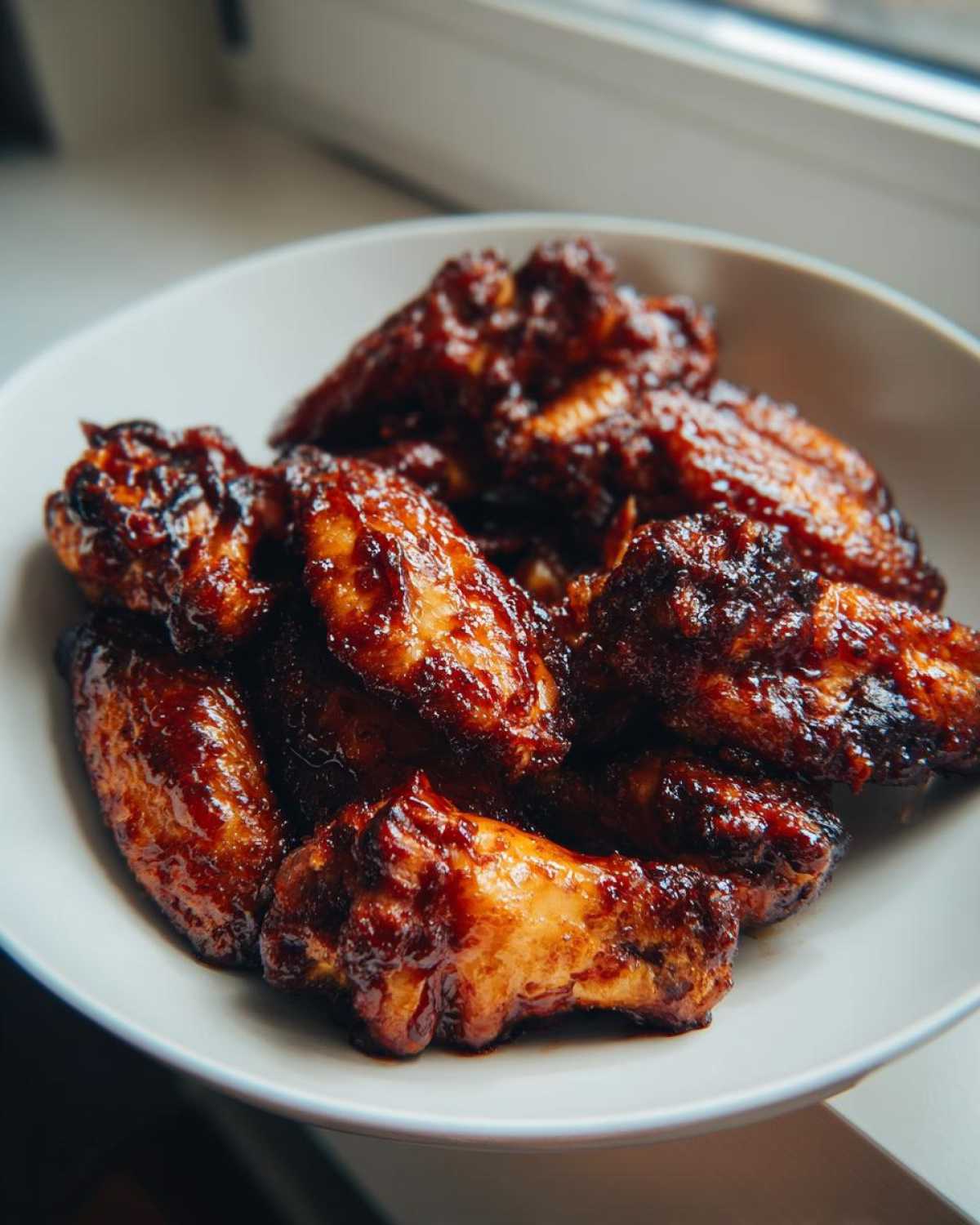 A close-up of glossy, caramelized Air Fryer BBQ Chicken Wings piled high in a light-colored bowl.