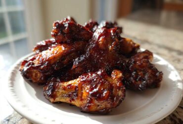 A pile of perfectly cooked, sticky Air Fryer BBQ Chicken Wings glistening with sauce on a white plate.