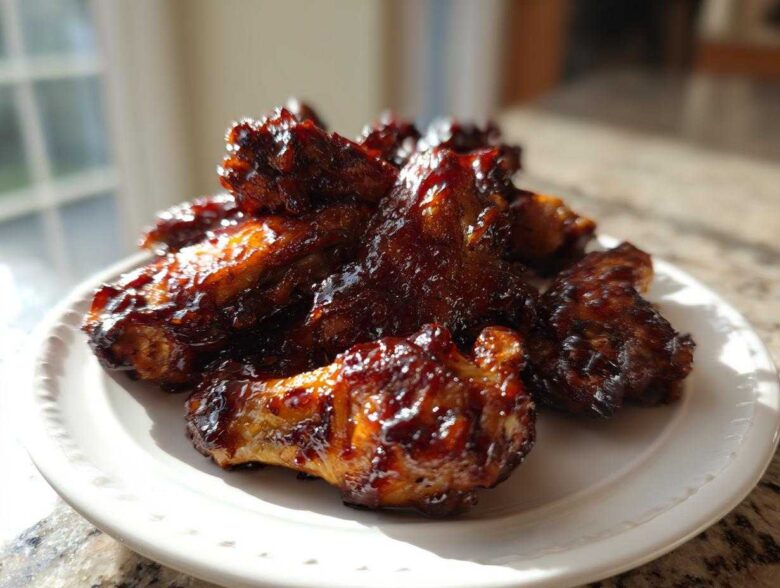 A pile of perfectly cooked, sticky Air Fryer BBQ Chicken Wings glistening with sauce on a white plate.