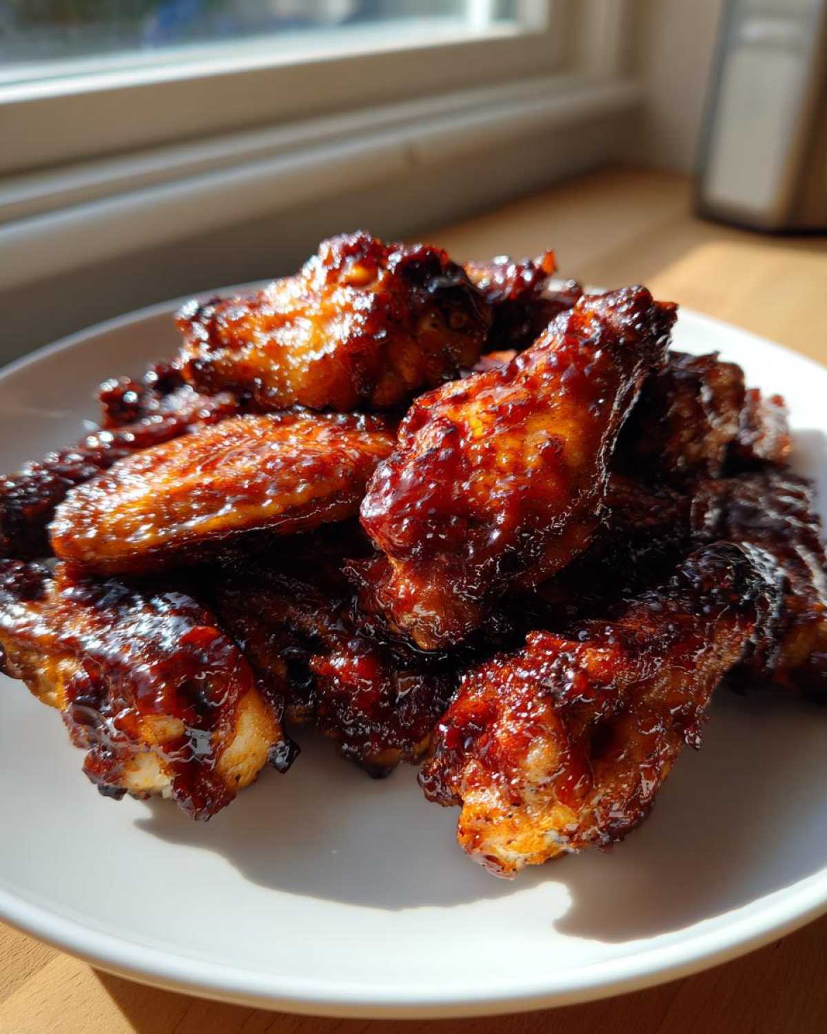 A close-up of several glistening, saucy Air Fryer BBQ Chicken Wings piled high on a white plate.
