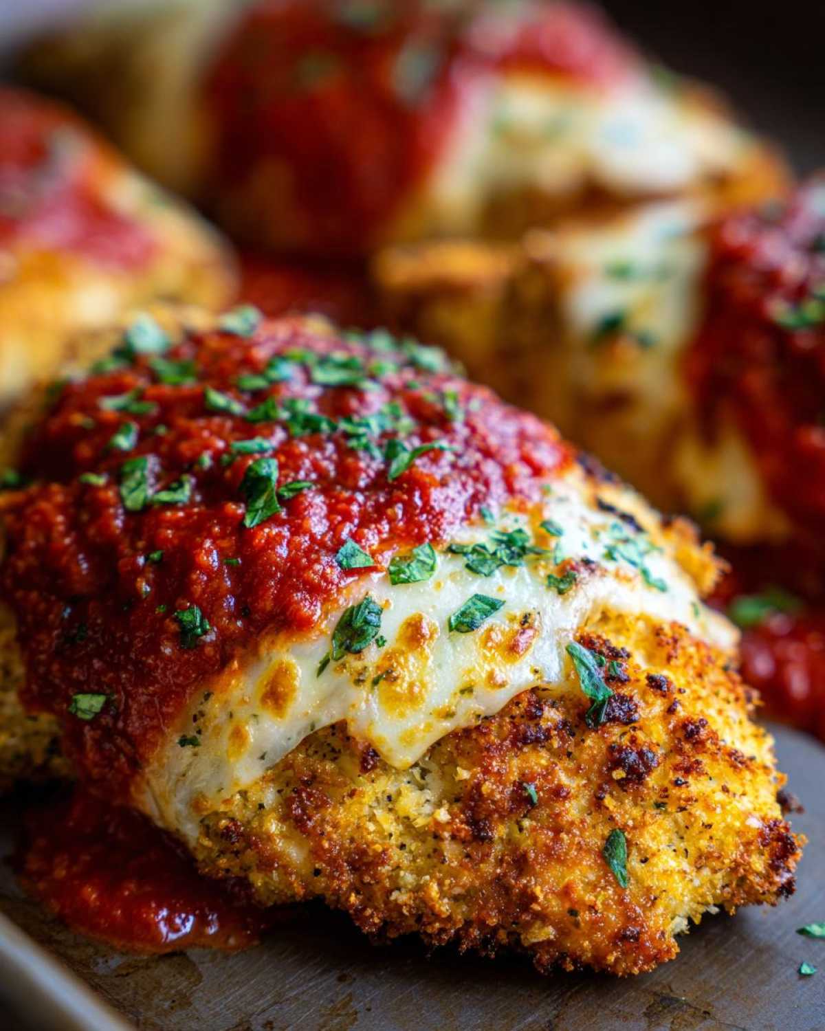 Close-up of a perfectly cooked Air Fryer Chicken Parmesan, topped with melted mozzarella and marinara sauce, garnished with parsley.