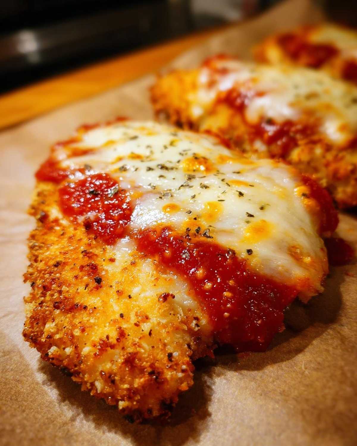 Close-up of crispy Air Fryer Chicken Parmesan topped with melted mozzarella and marinara sauce.