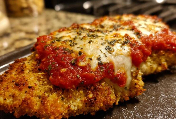 Close-up of a golden, breaded Air Fryer Chicken Parmesan topped with melted mozzarella and marinara sauce.