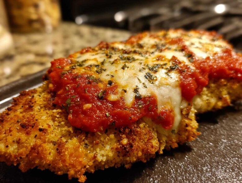 Close-up of a golden, breaded Air Fryer Chicken Parmesan topped with melted mozzarella and marinara sauce.