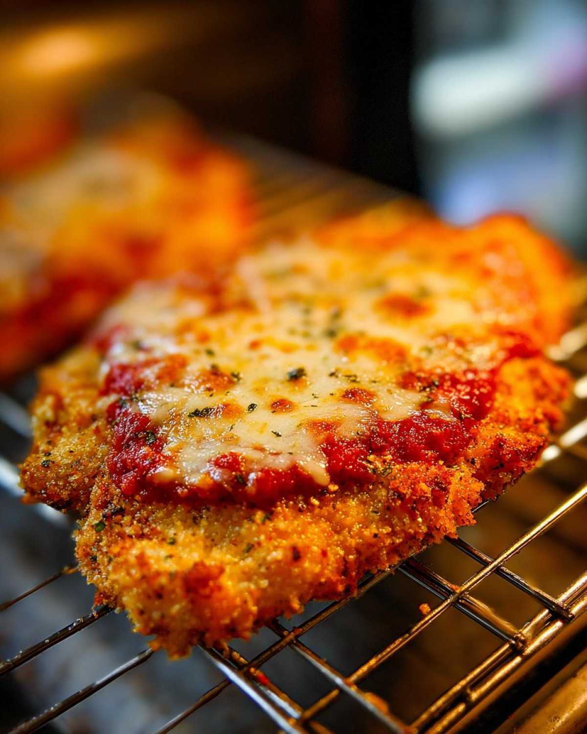 Close-up of a golden, breaded Air Fryer Chicken Parmesan topped with marinara sauce and melted mozzarella cheese.