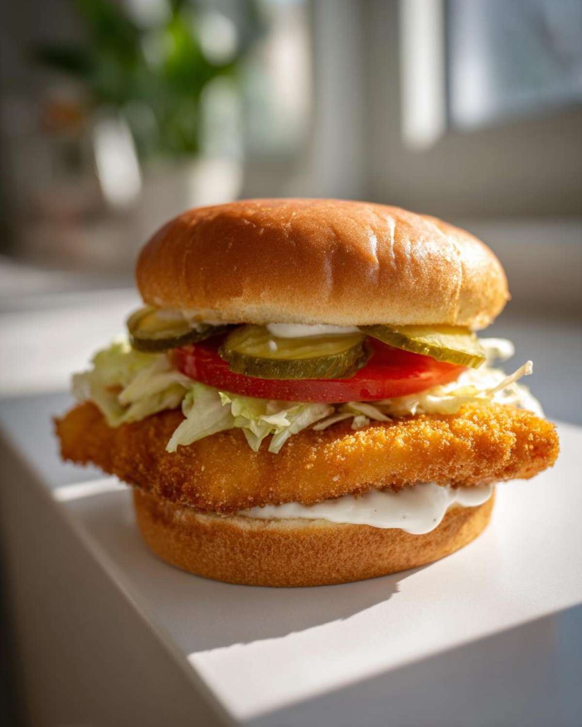 A close-up of an Air Fryer Crispy Fish Sandwich featuring a golden fried fillet, lettuce, tomato, pickles, and tartar sauce on a brioche bun.