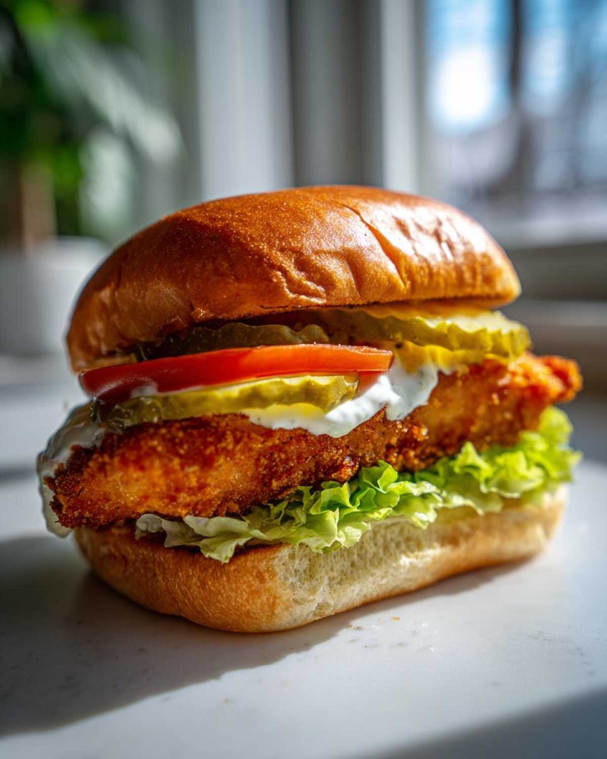 Close-up of a delicious Air Fryer Crispy Fish Sandwich featuring a golden fillet, lettuce, tomato, pickles, and tartar sauce on a brioche bun.