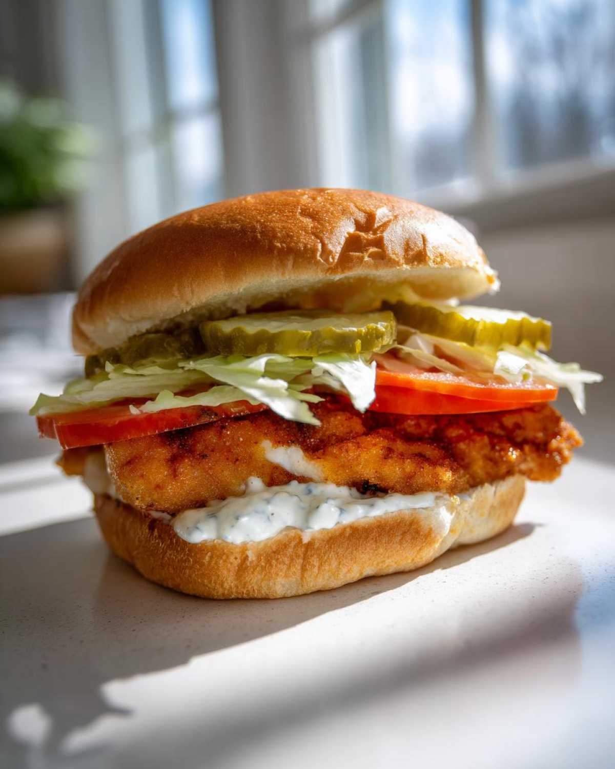 A close-up of an Air Fryer Crispy Fish Sandwich featuring a golden fillet, tartar sauce, lettuce, tomato, and pickles on a bun.